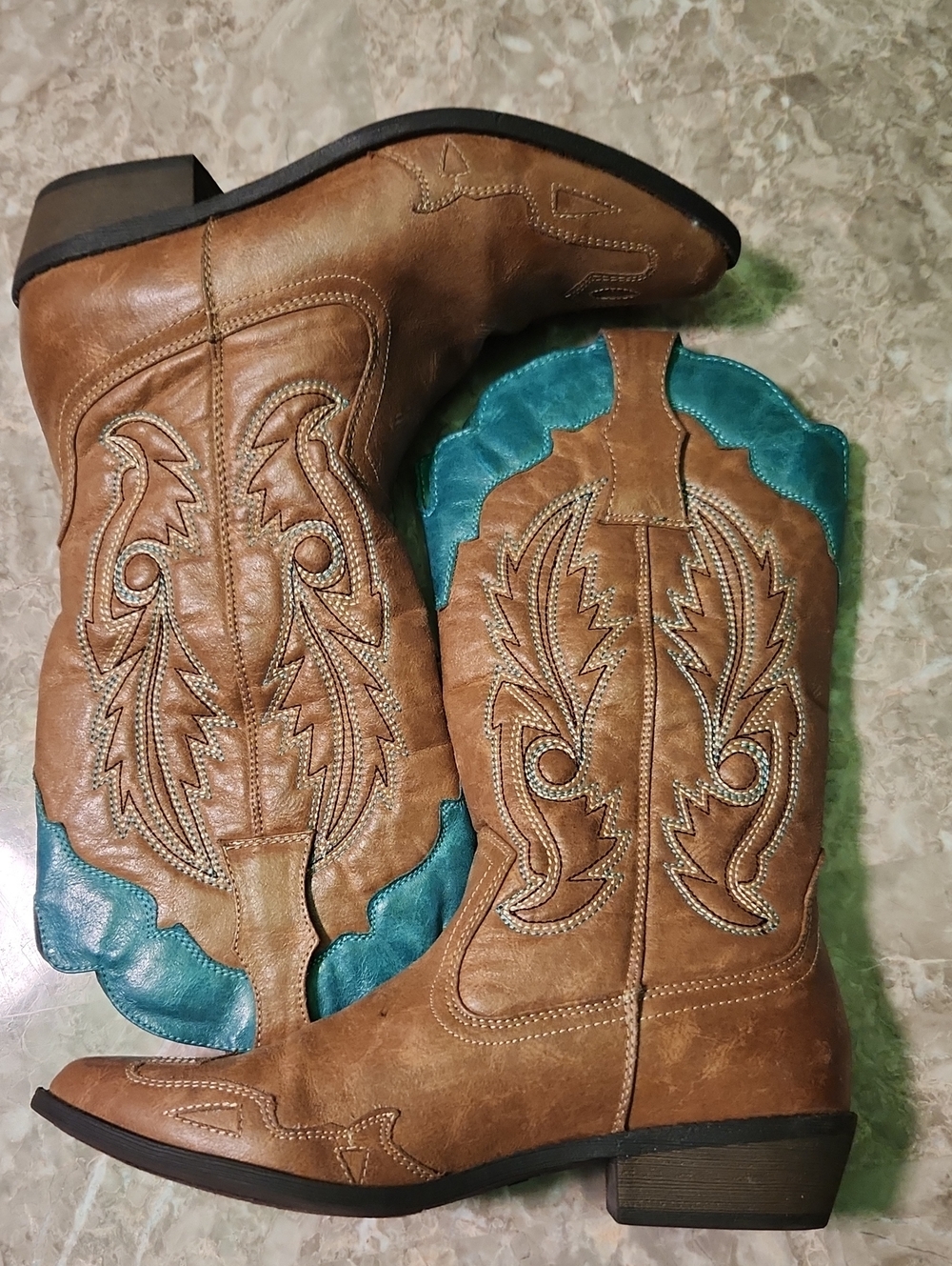Women's Brown Leather Western Cowboy Boots with Teal Lining